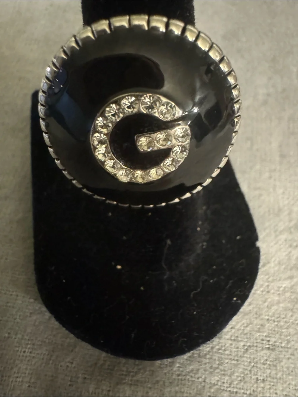 Rhinestone 'G' Accent Black Statement Ring